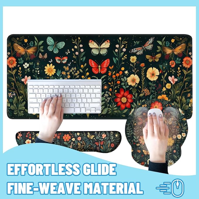 Butterfly Mouse Pad Set Colorful Floral Garden Fantasy Gaming Mousepad 4in1 Desk Mat for Desktop Anti-Slip XXL Big Computer Ergonomic Mousepad with Wrist Support for Keyboard and Mouse