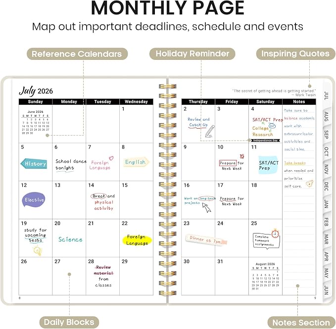 Taja Planner 2026-2027, Jul 2026-Jun 2027 Monthly & Weekly Calendar Book | 6.3" x 8.5", Hardcover Academic Calendar with Tabs, Teacher Student Agenda Book for School Office Supplies - Beige