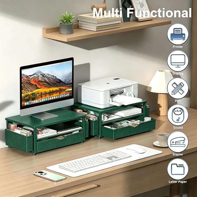 Spacrea Desk Organizer and Accessories, Computer Monitor Stand Riser with Drawer and 2 Pen Holders, Office Desk Accessories & Workspace Organizers for Office Supplies (Dark Green)