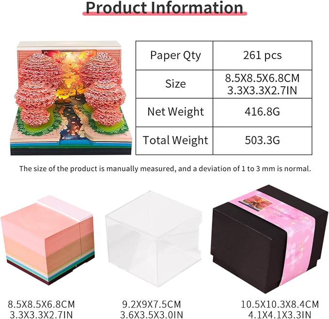 Time Piece Calendar 2027 Desk Calendar with LED Light 3D Tear-away Paper Carving Art Memo Pad Notepad Gift for Christmas Housewarming Desktop Decoration (Peach forest)