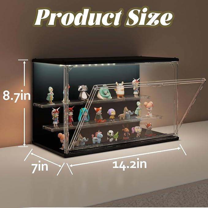 Clear Display Case for Collectibles, 3-Tier Adjustable Figure Display Case with LED Light, Stackable Acrylic Showcase with Magnetic Door for Jewelry,Collectibles (Black, 1 Pack-8.7" H)
