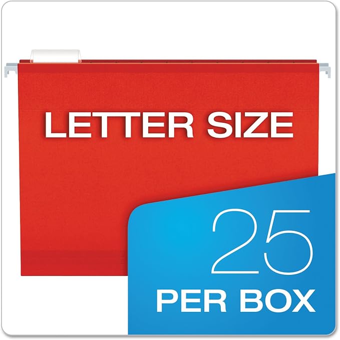 Pendaflex Extra Capacity Reinforced Hanging Folders, 2" Letter Size, 1/5 Cut, Red, 25/BX (04152x2 RED)