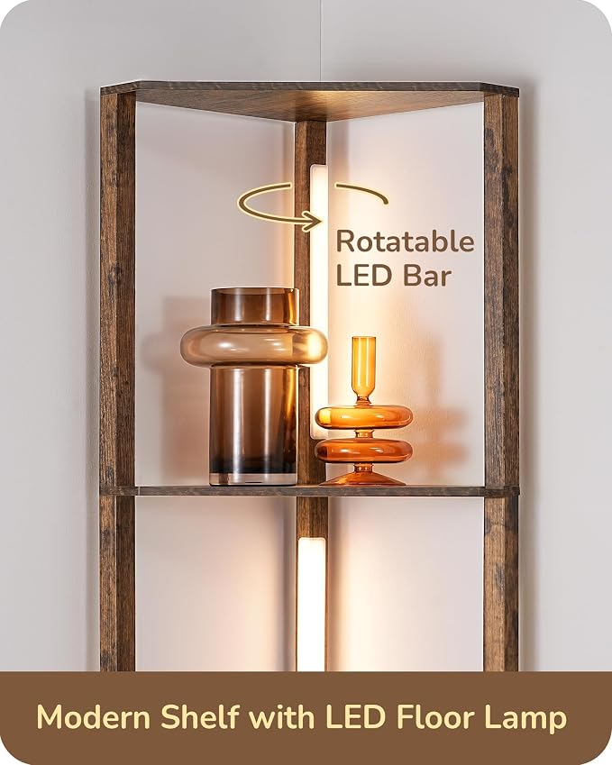 EDISHINE 64'' Corner Shelf Floor Lamp, 3CCT, Corner Floor Lamp, Burlywood | Stepless Dimmable, Foot Switch, 4-Layer Shelf, for Living Room, Bedroom, Apartment, TV Stand, Entryway Table, Conference room