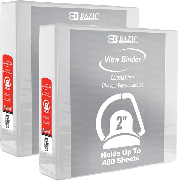 BAZIC Products 2" White 3-Ring View Binder, Slant-D Ring, 2 Pockets, 2-Pack | 2 inside pockets, 2 in White view 3-ring binder, slant-D rings, holds up to 480 sheets, Durable poly cover, 2 Pockets