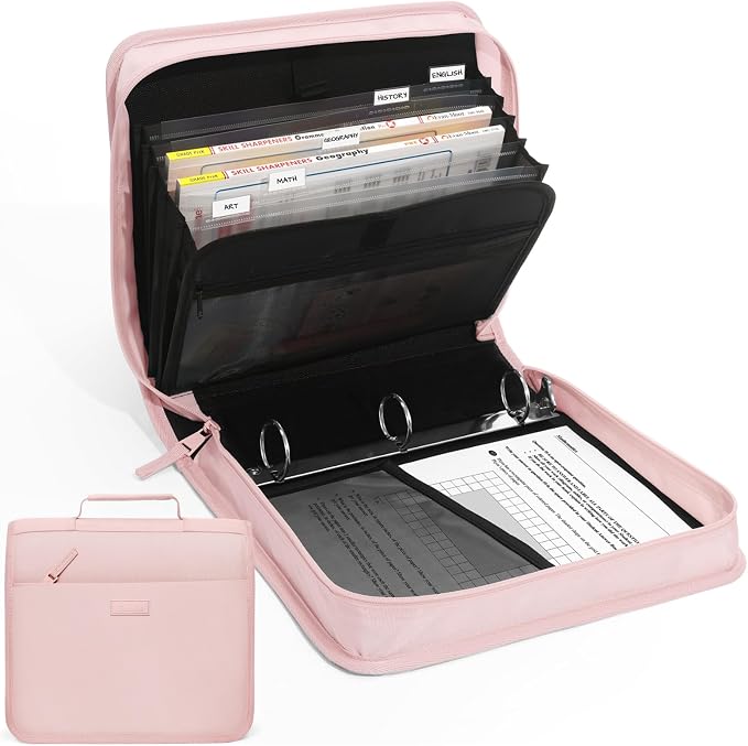 SUNEE Zipper Binder with Handle, 1.5 Inch O-Ring, 325 Pages Capacity, with 5-Tab Expanding File Folder for Classified Storage, Small Size Lightweight Zipper Bag for Middle School Students, Pink Lotus