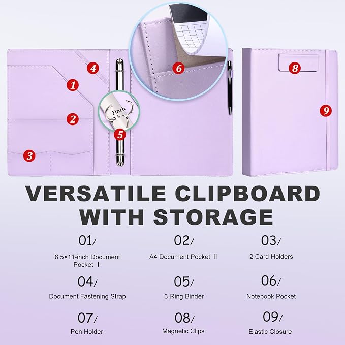 Leathario 1 Inch 3 Ring Binder with Clipboard Storage Vegan Leather | Includes 10 Clear Divider Pockets, 4 Envelope Pockets, 1 Pen Bag and 1 Pen, Suitable for A4/8.5x11 Paper, for Students Work
