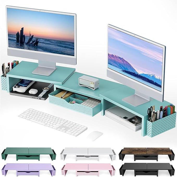 gianotter Dual Monitor Stand Riser With Drawer and 2 Pen Holders | Computer Monitor Stand Desk Organizer and Accessories Desk Shelf for Top of Desk (Blue)