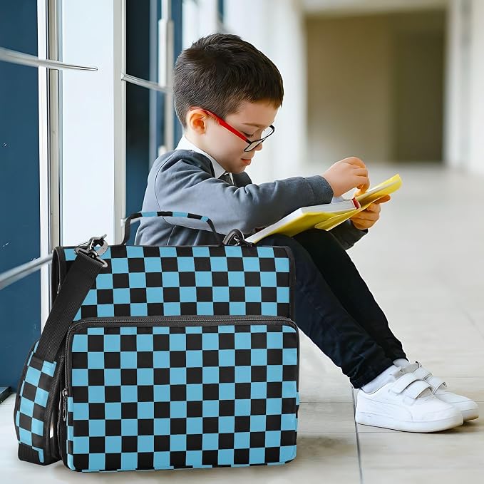 Black Blue Checkered Pattern 3 Ring Binder Bag 1.5 inch Binder Organizer with Zipper Shoulder Strap 500 Sheet Documents Storage for School Office