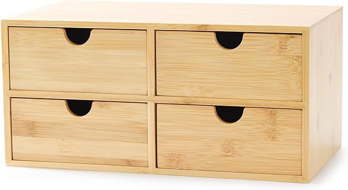 Bamboo Desk Drawer Organizer, Desktop Organizer with Drawers T(4 Drawes) | 4 Drawers Open Top Tray Fully Assembled Stores Pens, Notes, Makeup, Jewelry & Toiletries for Office, Vanity & Bath