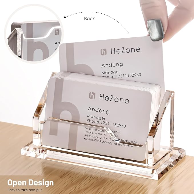 HeZone Acrylic Card Holder Clear Horizontal Business Card Organizer Stand for Desk 1 Slots Business Cards Stand for Women and Men,Desk Accessories for Office, Tabletop (2pack)