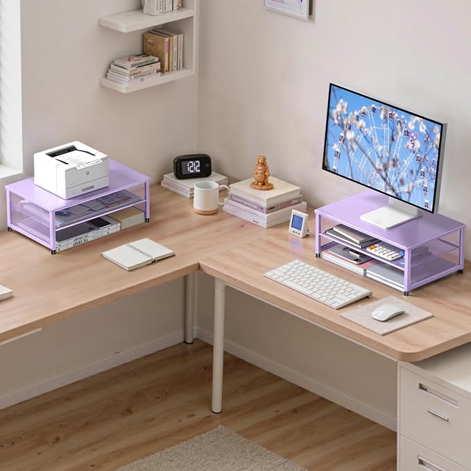ECOLOVI 2-Tier Computer Monitor Stand Riser, Printer & Laptop Stand, Office Desk Accessories, Workspace Desk Organizer for Home Office Supplies, Purple