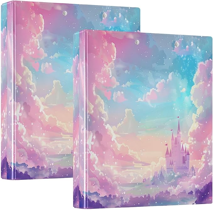 Custom 3 Ring Binder Princess Castle Pink Sky 1.5" Round Ring Binders Personalized Name View Binder with 200 Sheet for Women Men Office Kids School Supplies, 1 Pack