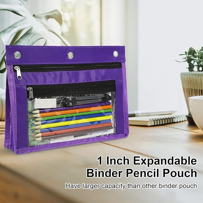 YoeeJob 36 Pack 1 Inch Expandable Zipper Pencil Pouches with Clear Window for 3 Ring Binder, Suitable for School & Office(Purple)