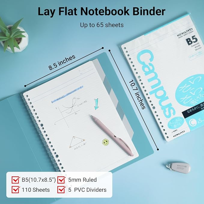 KOKUYO Refillable Spiral Notebook with Dividers & Tabs, B5 Hardcover 5 Subject Notebook Binder for Work, 100 Sheets, 5mm Ruled, Campus Refillable Business Binder for Study & Office Note Taking, Blue