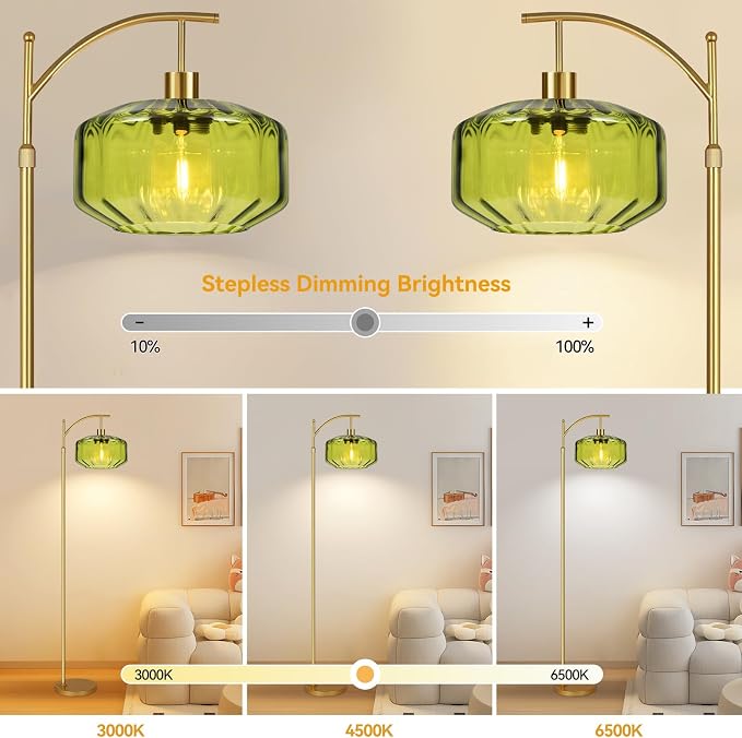 Gold Floor Lamps for Living Room Bedroom,Glass Floor Lamp with Remote Control & Green Lampshade,Arc Dimmable Floor Lamp Mid Century Modern Standing Lamp Vintage Tall Floor Lamps for Bedroom Corner
