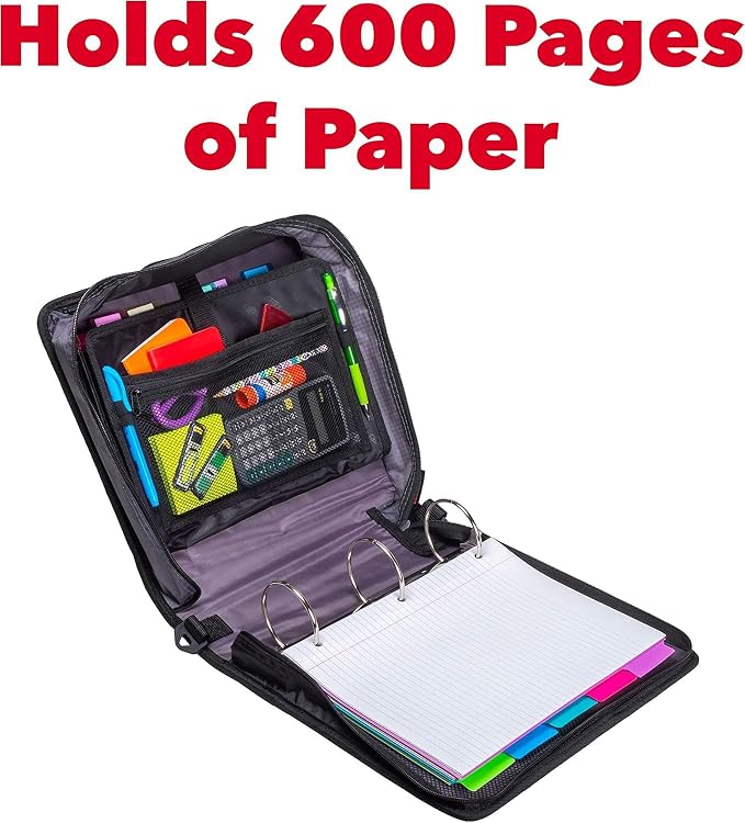 Case-it School Zipper Binder | 3" O-Rings | 600-Sheet | D-156-N Jet Black | Mighty Zip Tab, 5-Color Tab Expanding File Folder, Multiple Pockets, Shoulder Strap, Office