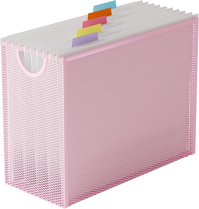 Letter-Size Hanging File Organizer (Pink, with 5 Grey Folders) | File Holder Filing Box for Desk, Metal Mesh Desk File Folder Storage for Office(No Assembly Required)