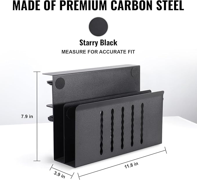 2 Tie Desk Side Storage, Under Desk Storage Organizer, Black | osseph Desk Storage, No Drill Clamp to 0.5-2.38" Desks, Cooling Vents Vertical Rack, Magnetic Pen Holder, 30 Lbs Carbon Steel