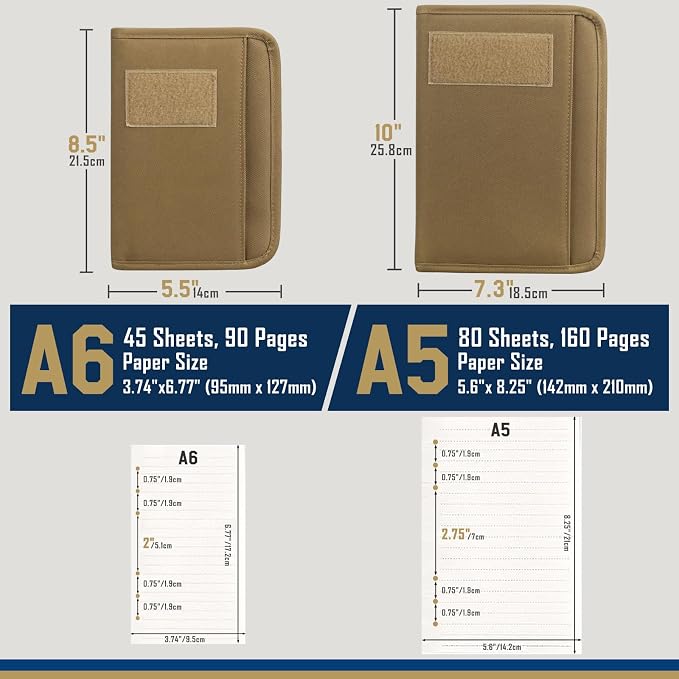 WYNEX Tactical Notebook Padfolio 6 Ring Binder, A5 Refill Paper | M-7.3x10" Zip Hardcover Notebook, 80 Sheets Loose Leaf Paper, 1"O-ring Water-Resistant Planner, for Office College Field Gift