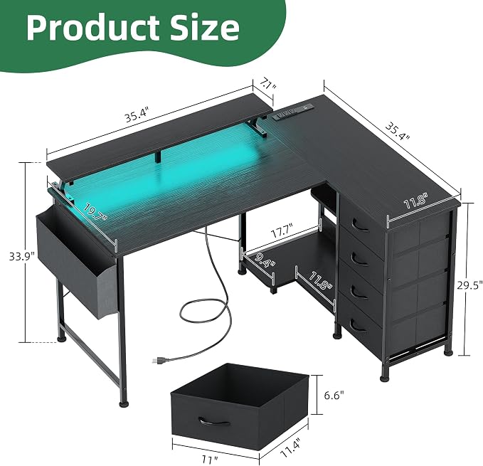 VERMESS 47" Reversible L Shaped Gaming Computer Desk, Corner Desk with Power Outlets & Monitor Stand, Writing Study Table with 4 Storage Drawers, Desk with LED Lights, Black