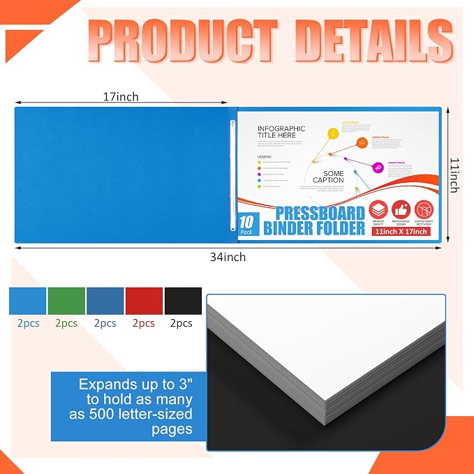 Resurhang 10 Pcs 11x17 Inch Pressboard Report Cover, 3" Capacity Presentation Binder Folder with Metal Prong Paper Fastener to Neatly Bind Reports Proposals Transcripts, Other Documents (Multicolor)