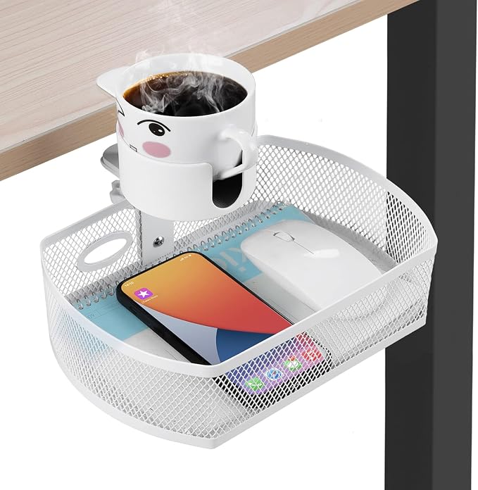 MASTLU Under Desk Organizer,Cup Holder,Table Management Tray, Swivel Pencil Drawer, Office No Drill Steel Organizers,360 Spin Hidden Storage Box with Sturdy C-Clamp,Easy Install (White)