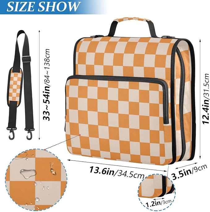 3 Ring Zipper Binder with Shoulder Strap Orange Checkerboard 1.5 inch Binders Keeper Large Capacity Multi Pockets for School Office Supplies