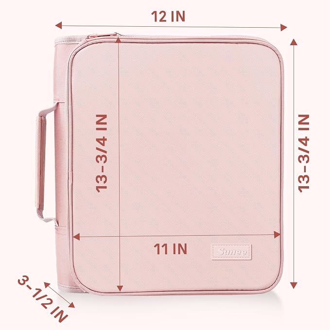 SUNEE Zippered Binder Bag with Handle, 2-Inch 3-Ring O-Ring, 500-Sheet Capacity, Includes Zip Pocket, 5-Tab Expanding File Folder, Multi-Pocket Organizer Binder for Middle School, Pink Lotus
