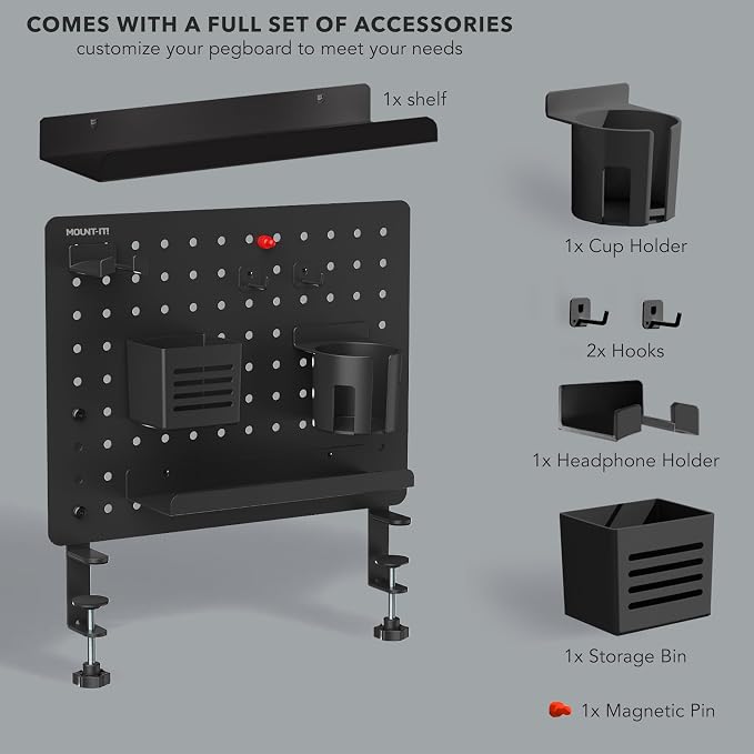 Mount-It! Clamp-On Magnetic Pegboard Organizer, 16.5x15.9 | No-drill desktop storage with 7 accessories, vertical or horizontal mount for home office, gaming & crafting, black.