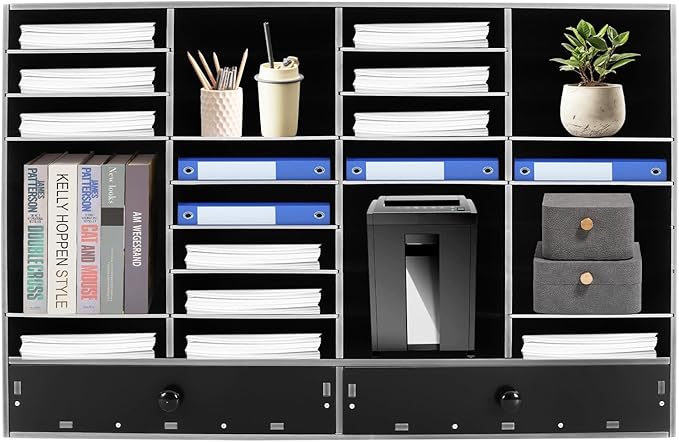 SHIECAMASIC Literature Organizer, 32 Compartments Office Mailbox with 2 Drawers & Adjustable Shelves, Durable Desktop File Sorter for Home, Office and School (Black)