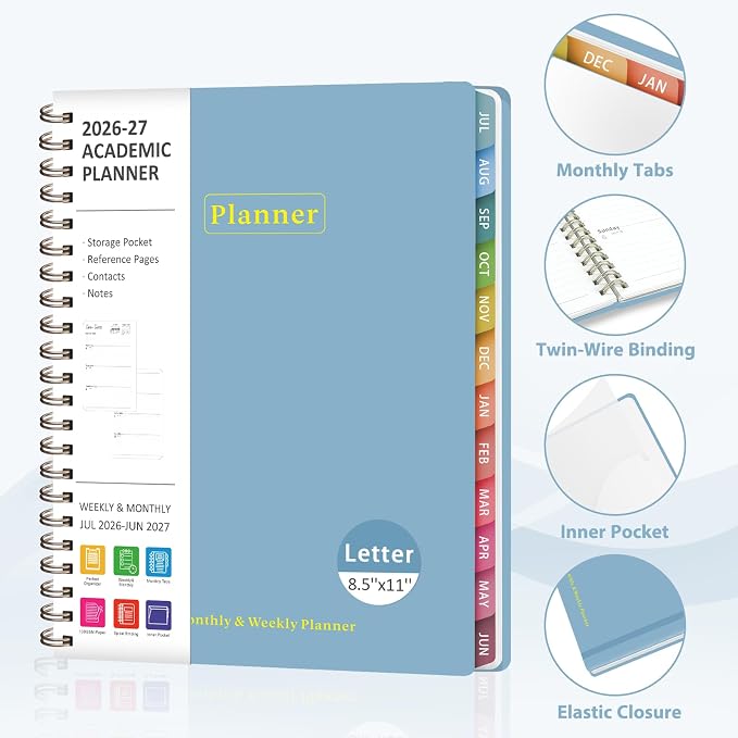 Planner 2026-2027, Academic Weekly and Monthly Calendar Planner, July 2026 - June 2027, Hardcover Spiral Agenda Book, School Supplies for Teacher Student - Letter Size(8.5" x 11")