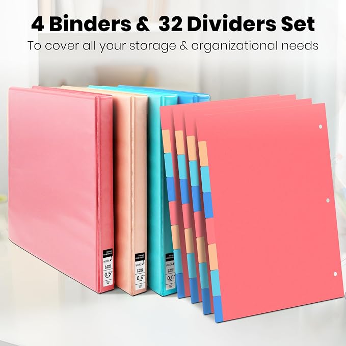 Yoobi 0.5 Inch 3-Ring Binder & 8-Tab Divider Set, 4-Pack, Multicolor | 3-Ring Binder + 8-Tab Divider Set, 2 Interior Pockets, Blank Sticky Labels Included, 4-Pack of Each