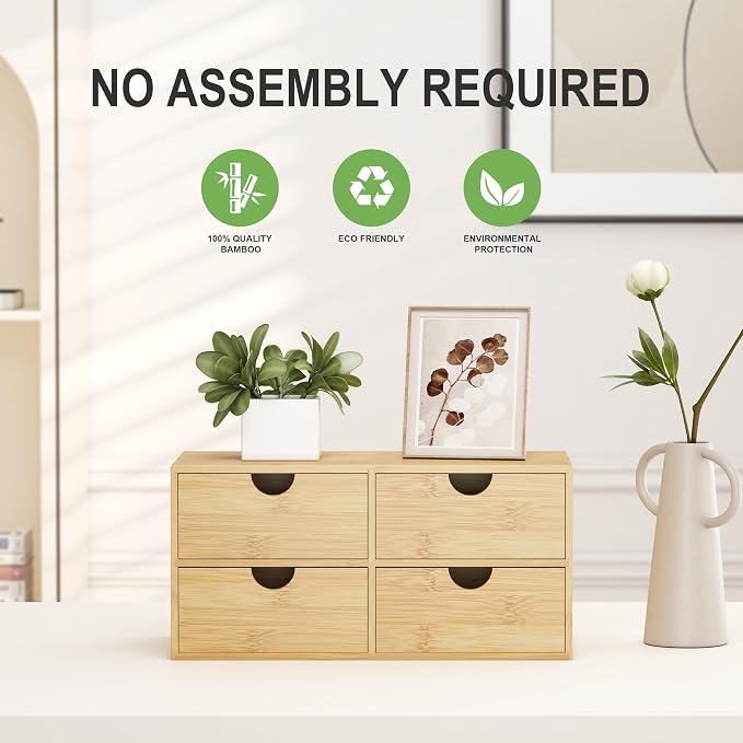 Bamboo Desk Organizer with Drawers, Desktop Storage Box for Office Supplies | 4 Drawers Desktop organizer, No Assembly Required, Natural Wood Wooden Desktop Drawers for Bills, Cosmetics, Seals, Paper