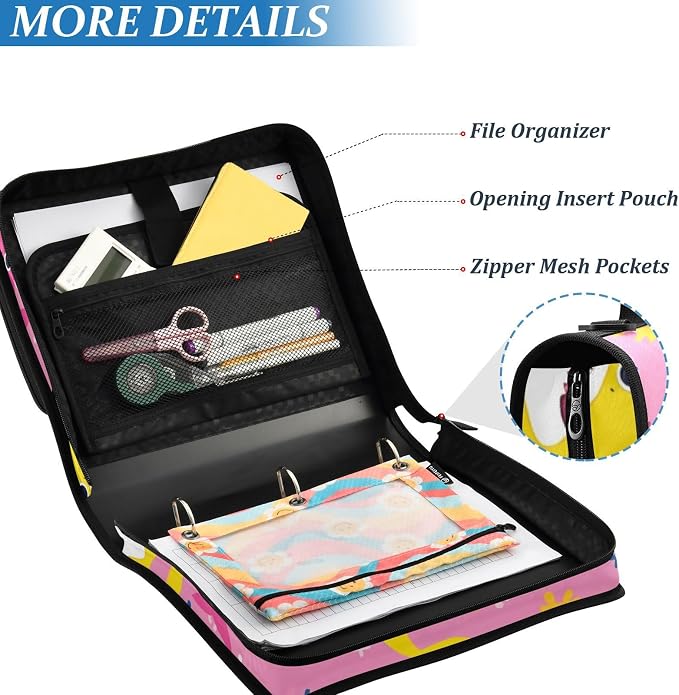 3 Ring Zipper Binder with Shoulder Strap Shark Cartoon Pink 2 Inch Zippered Binder Bag 500 Sheet Capacity Multi Pockets for School Supplies