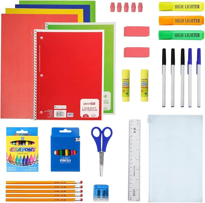 Moda West 12 Pack Bulk School Supplies 52 Piece Kit- Pens, Pencils, Crayons, and More - Essential Box of School Supplies for Elementary, Middle, and High School Students