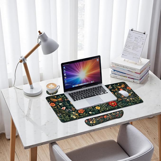 Butterfly Mouse Pad Set Colorful Floral Garden Fantasy Gaming Mousepad 4in1 Desk Mat for Desktop Anti-Slip XXL Big Computer Ergonomic Mousepad with Wrist Support for Keyboard and Mouse