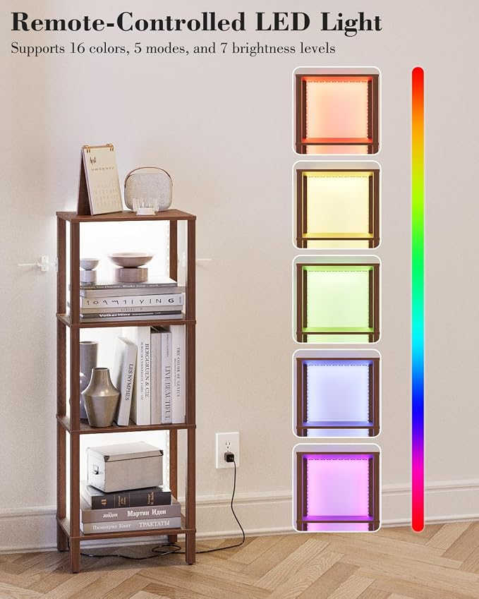 Open Book Shelf with LED Lights, 4 Tier Small Bookshelf, Freestanding Shelf Narrow Bookcase with Open Shelves, 14.96" x 10.63" x 41.26", Book Shelves for Living Room, Office, Study, Walnut