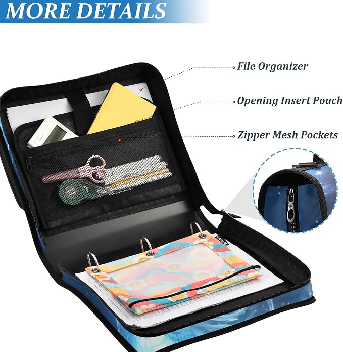 3 Ring Zipper Binder with Shoulder Strap Dragon Galaxy Blue 2 Inch Zippered Binder Bag 500 Sheet Capacity Multi Pockets for School Supplies