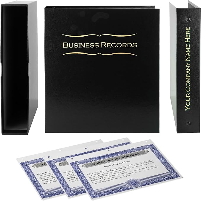 Business Records LLC Kit (Black) - Binder, Slipcase, Operating Agreement, Membership Certificates & Customizable Index Tabs