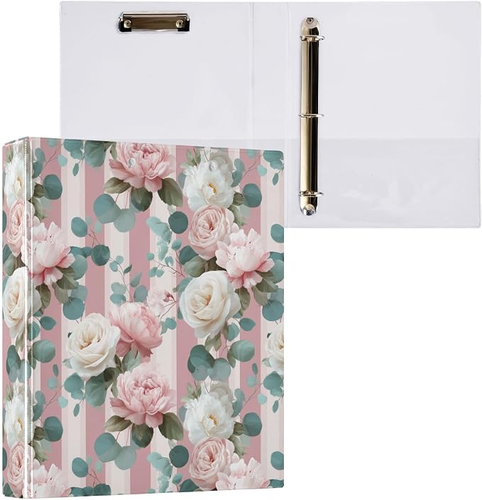 Rose Flower Printed 3-Ring Binder for School Office, 1.5 Inch Round Ring Binder for Home Recipe Budget Aesthetic Binder with Pocket Metal Non-Slip Clip Holds 200 Sheets of Paper