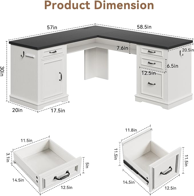 Farmhouse L Shaped Executive Desk with 4 Drawers, Home Office Desk with Hidden Under-Desk Storage Shelf and Charging Station, File Cabinet Storage, Wood Corner Computer Desk for Work(White+Black)