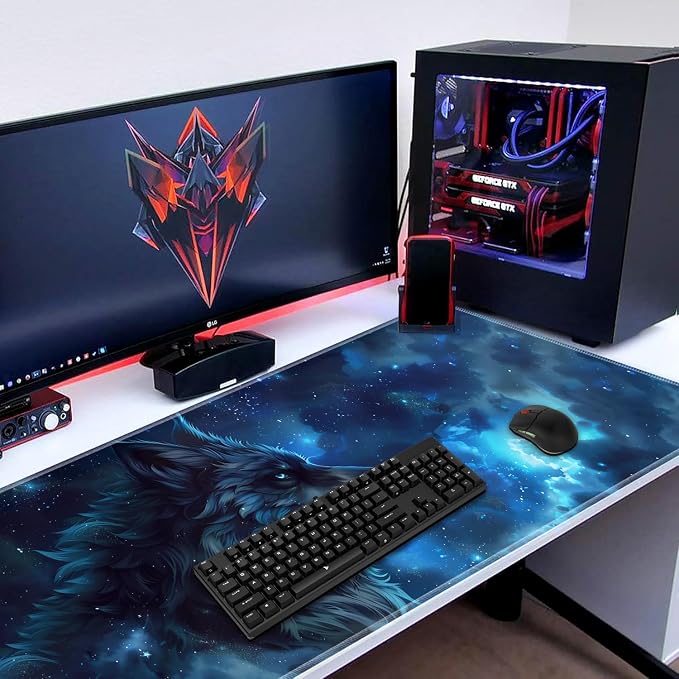 Extended Gaming Mouse Pad 31.5" x 11.8", with Edge Stitching, Non-Slip Rubber Base Keyboard Pad, Suitable for Work, Game, Office, Home and Coasters, Starry Sky Wolf