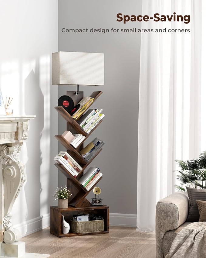 Evermagin 6 Tier Tree Bookshelf with Light, Bookcase, Remote Control | Rustic Brown Small Book Tower, Storage Cabinet for Book Organization, Floor Standing for Living Room, Bedroom & Home Office