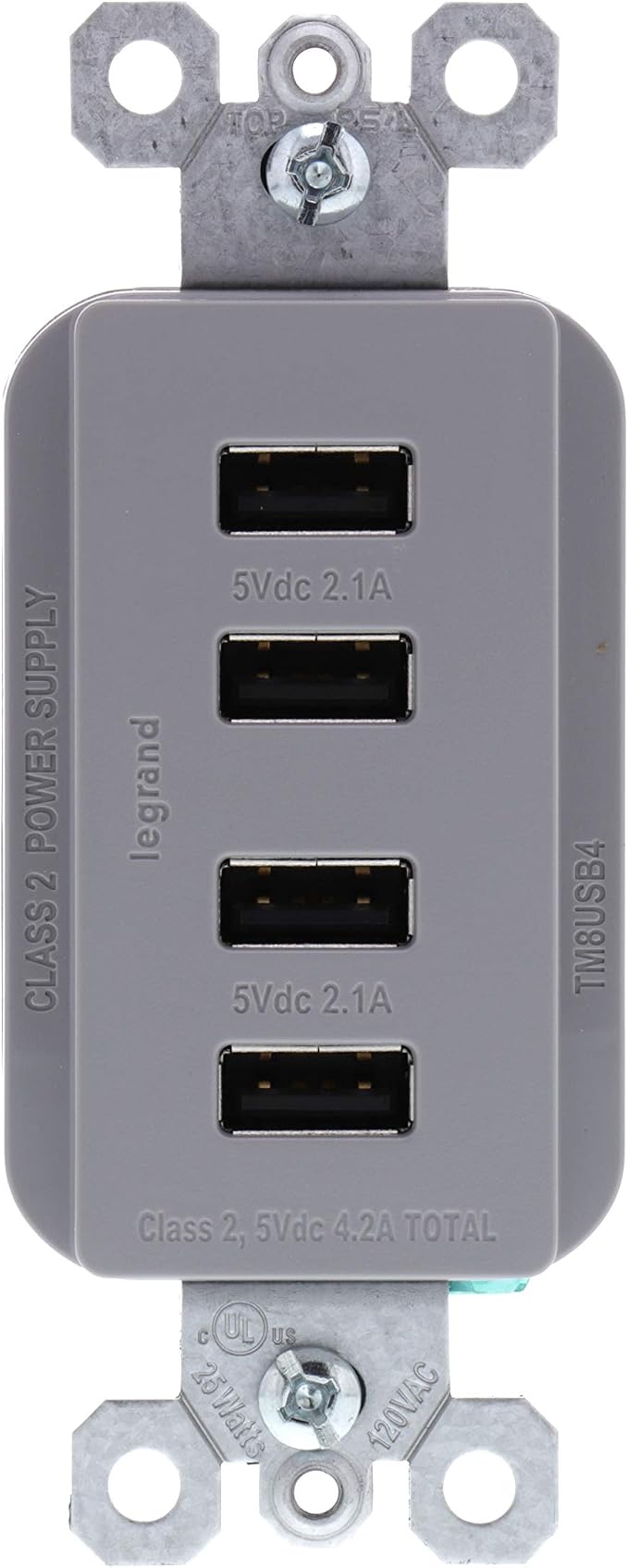 Legrand Radiant Quad USB 4.2A Type A Decorator Outlet Gray | Pass & Seymour Convinent USB Charging, Multi Port USB for Phones and Tablets, Child Safe, 4 Ports