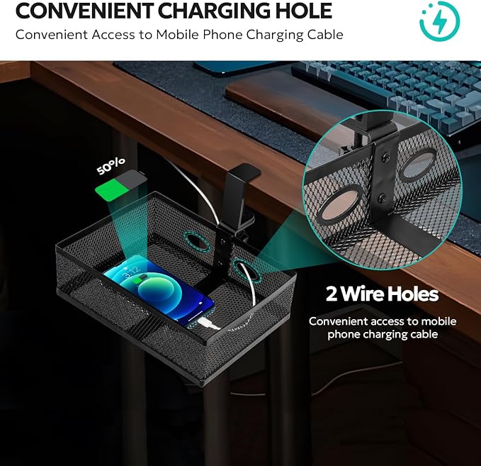Under Desk Organizer, Clamp On 360 Swivel Mesh Drawer, No Drill, Black | Pulchrum hidden storage basket with cable holes, 10 lb capacity attachment for standing or gaming setups, home office tidy