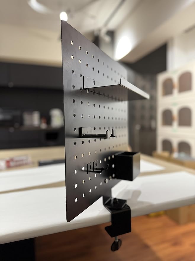Steel Metal Clamp-on Desk Pegboard 16 x 16 Inch Privacy Panel, 360 Degree Rotation, Desktop Organizer, Black Desk Organizer Office Desk Accessories Peg Board with Hooks Office Organization Decor