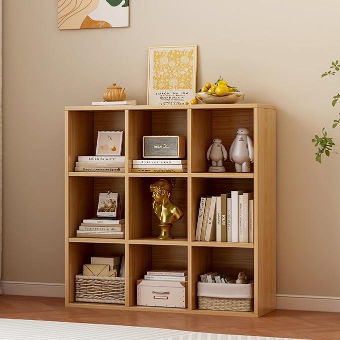 9-Cube Storage Shelf Bookcase, Oak | Wooden 3-Tier Open Bookshelf, Fits 11×11" Bins, Vertical or Horizontal Use, Full Back Panels, For Home Office