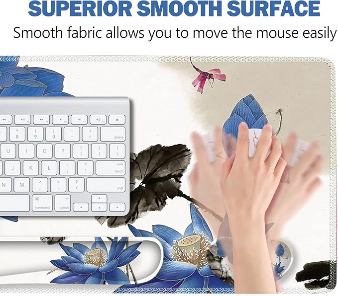Extended Gaming Mouse Pad Set, Keyboard Wrist Rest Support Pad + Wrist Cushion + XXL Large Mouse Pad + Coaster, Stitched Edge, Non-Slip, Memory Foam Desk Mat, Blue Lotus Ink Painting