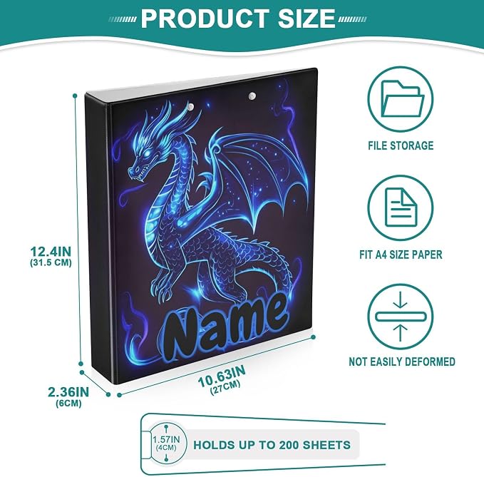 Custom 3 Ring Binder Dragon Blue Black 1.5" Round Ring Binders Personalized Name View Binder with 200 Sheet for Kids School Supplies Women Men Office, 1 Pack