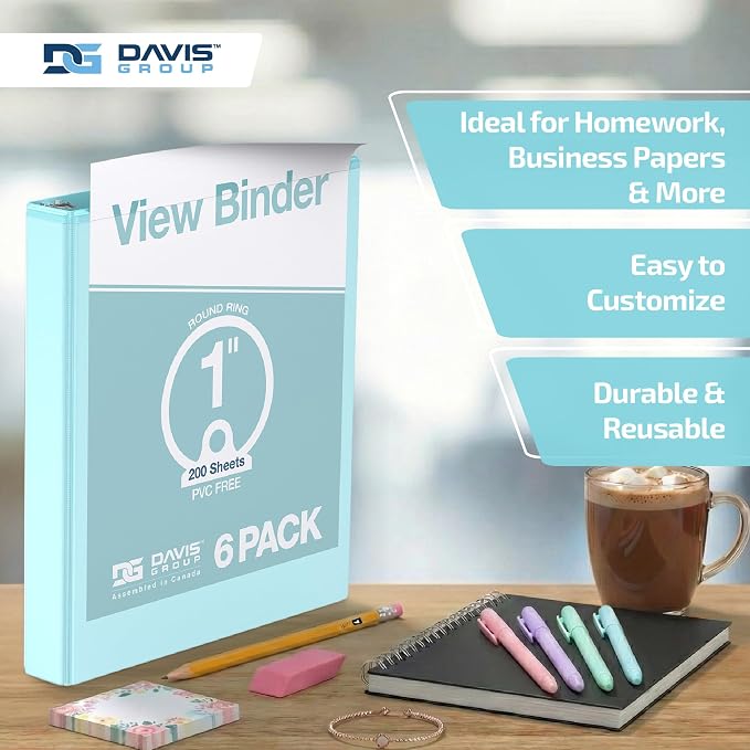Pack of 6 Premium View Binders, Ring Binders with Clear-View Cover and Interior Pockets, Pastel Color Options, 1 Inch, Aqua